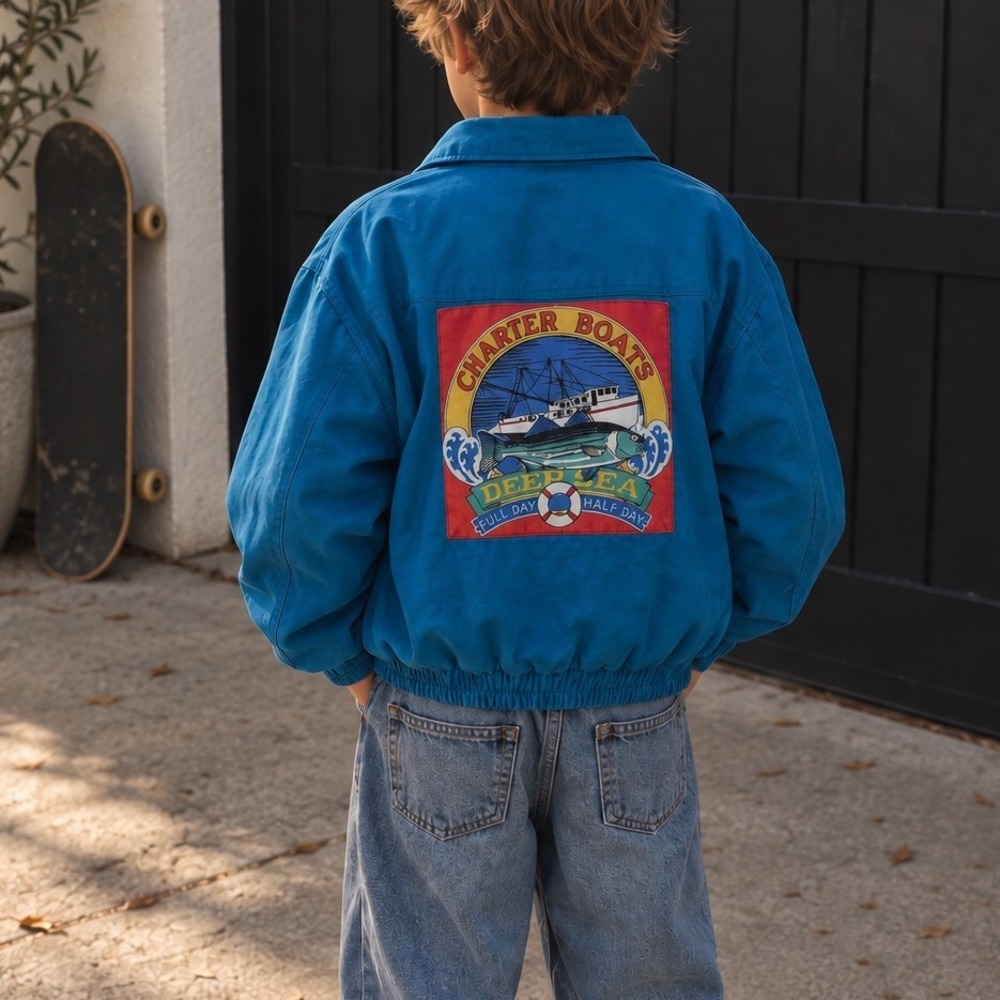 Vintage Climate Control Kids Blue Deep Sea Fishing Bomber Jacket Size 7